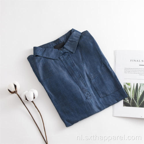 Marineblauw Losse Tencel-denim-overhemd met lange mouwen voor dames